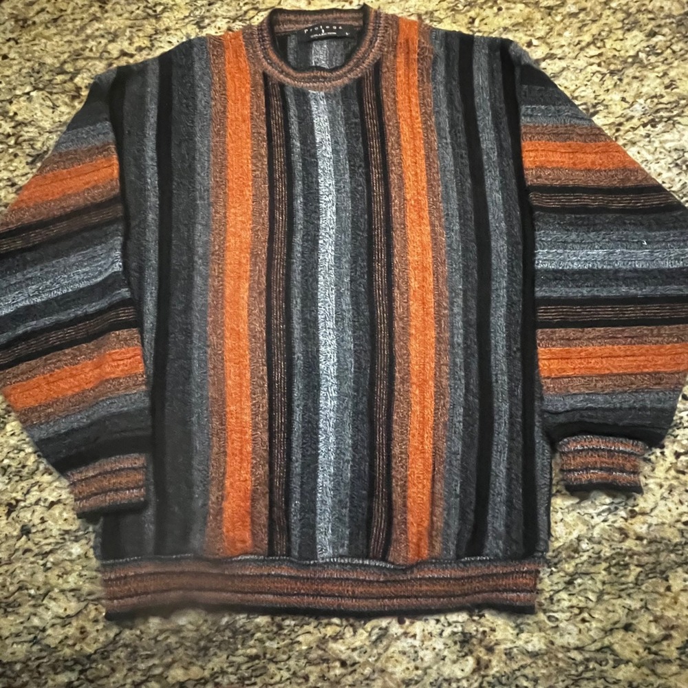 Vintage Protege Collection Mens Vertical Stripe Crewneck Sweater Orange L